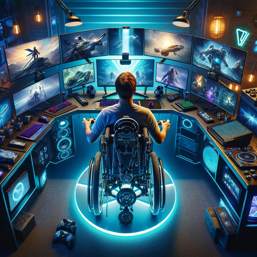 An ultimate gaming setup featuring a gamer seated in a highly customized wheelchair, surrounded by multiple screens and gaming controllers. The environment is designed to represent the pinnacle of gaming immersion, with LED lights, high-tech gadgets, and a futuristic aesthetic. The wheelchair is integrated with the gaming gear, illustrating a seamless blend of functionality and passion for gaming. The gamer is focused, engaged in an intense gaming session, symbolizing the merger of mobility and gaming excellence. The caption reads: "Ultimate gaming setup: Mobility edition."