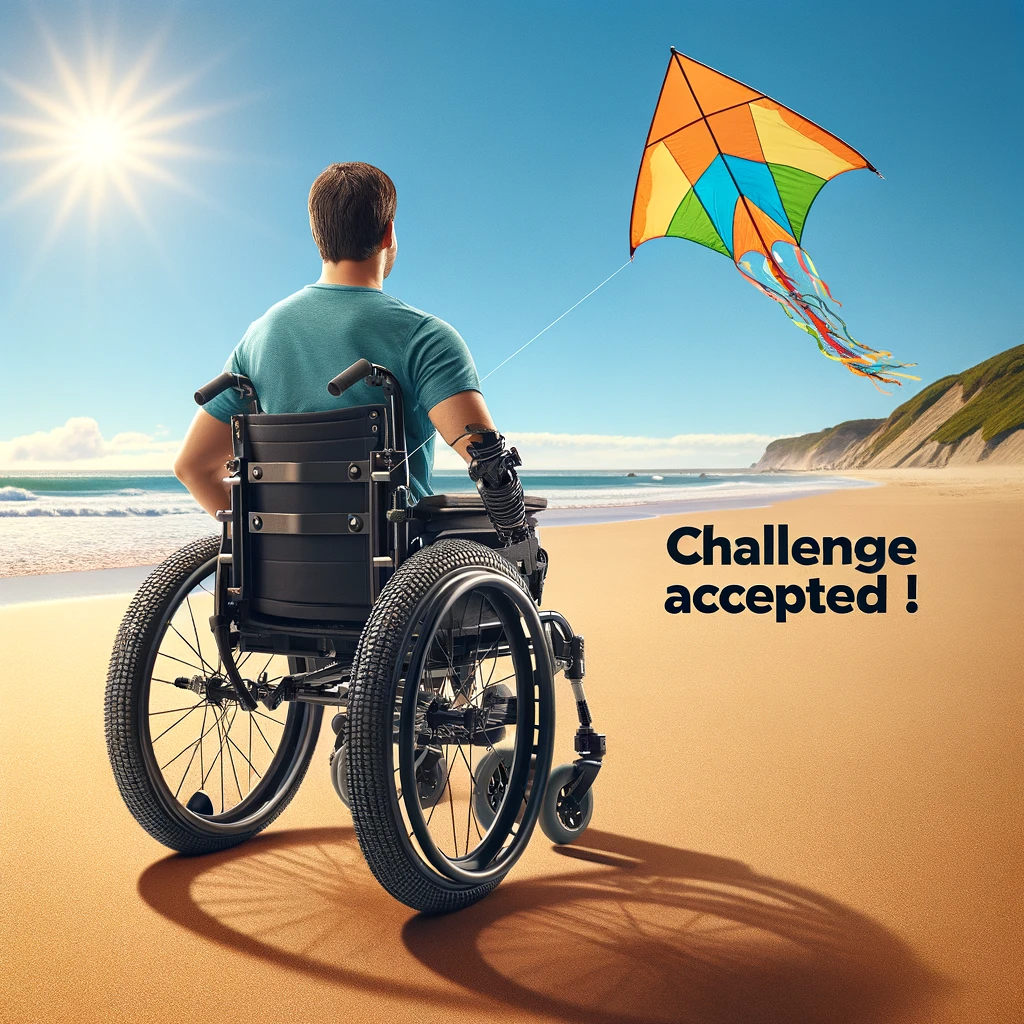 An image showing a wheelchair with special tires cruising along a sandy beach, with the user holding a kite. The scene is sunny and vibrant, capturing the essence of a perfect beach day. The wheelchair is equipped with wide, durable tires designed for sand, highlighting the adaptability and adventurous spirit of the user. The kite is colorful and flying high in the clear blue sky, adding a touch of whimsy and freedom to the scene. The caption, "Beach day? Challenge accepted!" is displayed in a playful, bold font at the bottom. This image embodies the joy of overcoming obstacles and embracing new experiences.