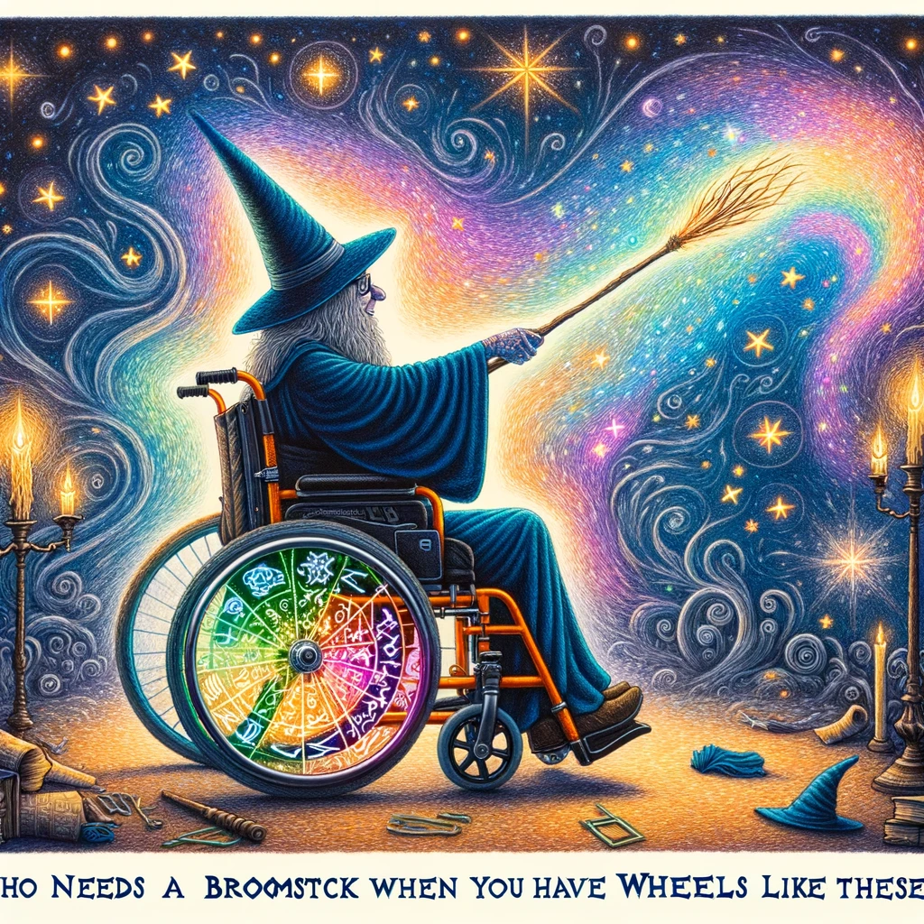A whimsical drawing of a person in a wheelchair, dressed as a wizard, casting spells. The scene is magical and filled with vibrant, swirling colors to represent the enchantment in the air. The wizard is adorned in a classic wizard hat and robe, with a wand in hand, directing a spell towards the night sky, which is alive with stars and mystical symbols. The wheelchair is integrated into the scene as a powerful artifact, with runes glowing along its frame, suggesting it's a source of magical power. The caption, "Who needs a broomstick when you have wheels like these?" is written in an enchanting font at the bottom. This image captures the imagination and portrays the wheelchair as a vehicle of wonder and possibility.