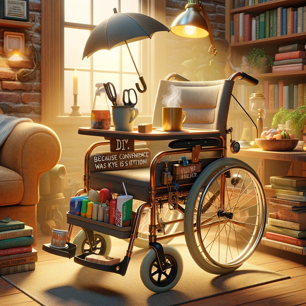 An image showcasing a wheelchair with DIY attachments like a book holder, cup holder, and an umbrella, set in a cozy home environment. The scene is creative and practical, with the wheelchair parked in a warmly lit room, surrounded by books and personal touches that make it feel inviting. Each DIY attachment is cleverly designed and functional, highlighting the user's ingenuity and desire for convenience. The book holder is filled with favorite reads, the cup holder has a steaming mug, and the umbrella is ready for use, suggesting preparedness for any situation. The caption, "DIY: Wheelchair edition. Because convenience is key!" is displayed in a fun, friendly font at the bottom. This image celebrates creativity, independence, and the joy of personalization.