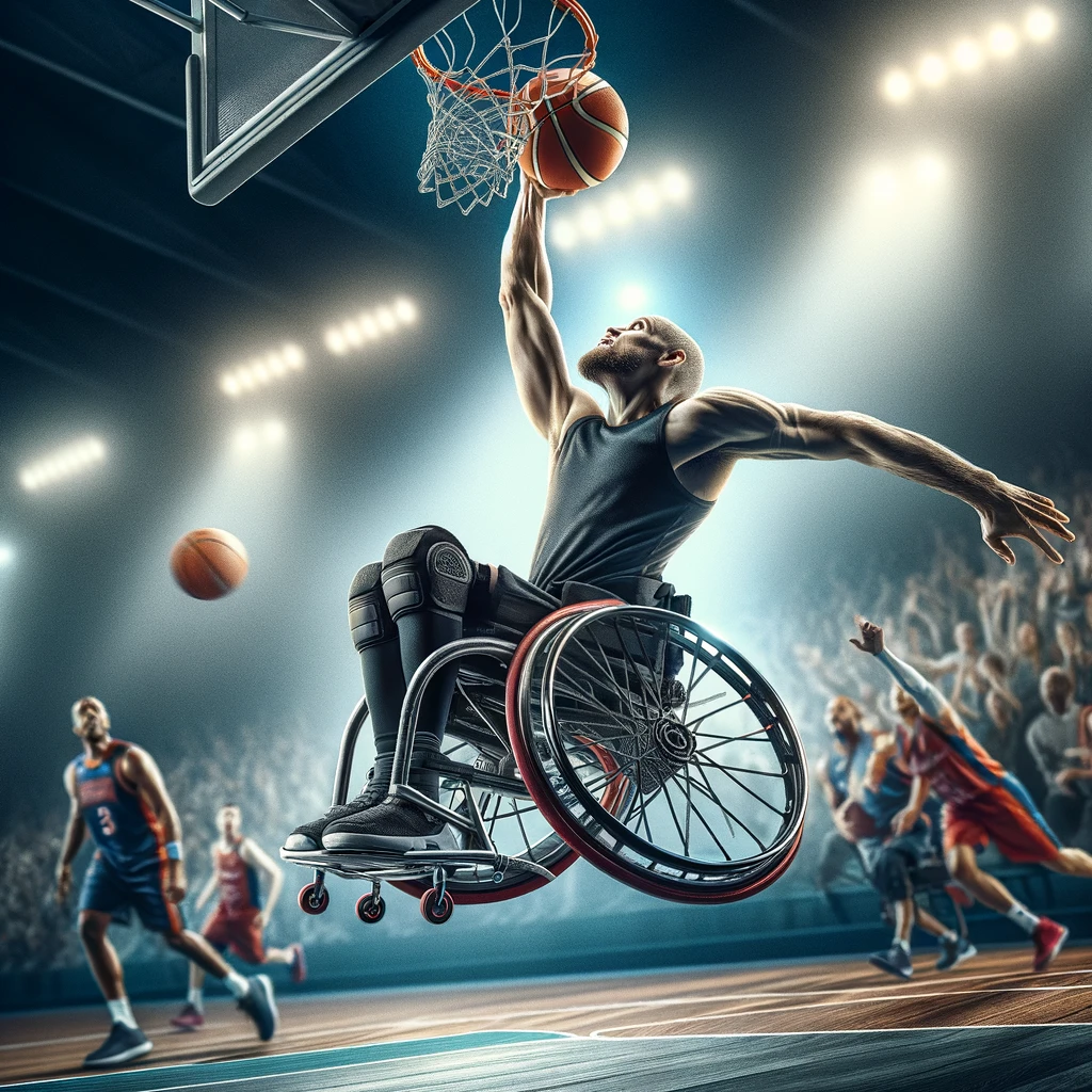 An action shot of a wheelchair basketball player performing a slam dunk, set in a dynamic and intense basketball game environment. The player is in the air, arm extended, about to dunk the ball into the hoop with determination and skill. The wheelchair is specially designed for sport, showcasing agility and speed. The background is a blur of motion, with other players and a cheering crowd, highlighting the excitement of the game. The caption, "Defying gravity, one dunk at a time," is boldly placed at the bottom, embodying the spirit of overcoming challenges and achieving greatness. This image captures the athleticism, competition, and triumph of wheelchair basketball.
