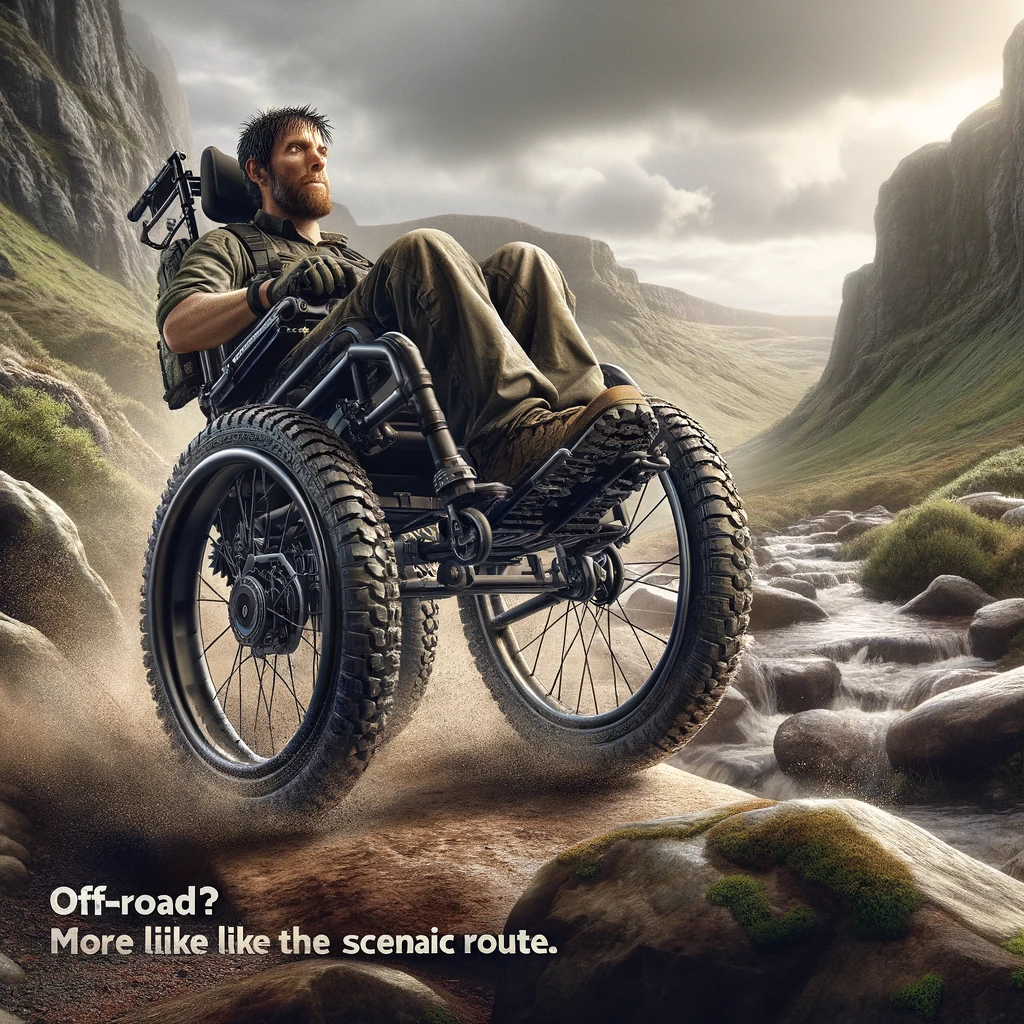 A rugged, all-terrain wheelchair navigating a rocky path, with the user looking determined. The scene captures the essence of adventure, with a backdrop of untamed wilderness and challenging terrain. The wheelchair is equipped with heavy-duty tires and suspension, showcasing its capability to tackle any obstacle. The user's expression is one of focus and resolve, embodying the spirit of exploration and the joy of taking the road less traveled. The caption, "Off-road? More like the scenic route," is displayed in a bold, adventurous font at the bottom, celebrating the thrill of discovery and the determination to overcome barriers. This image inspires viewers to embrace challenges and explore the world beyond conventional paths.