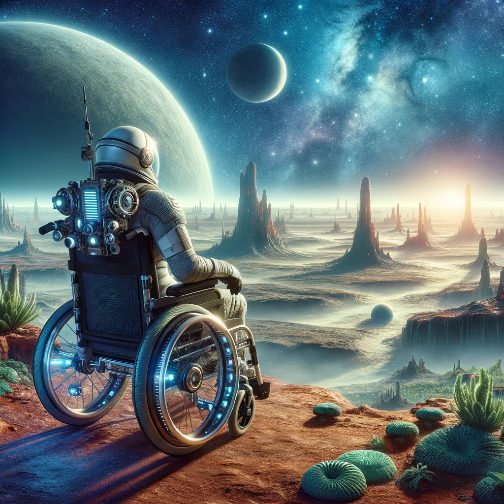 An image of a wheelchair user in a space suit, navigating the surface of an alien planet. The scene is breathtaking and expansive, capturing the vastness and mystery of space exploration. The wheelchair is adapted for extraterrestrial terrain, equipped with advanced technology and thrusters for mobility. The user, in a detailed space suit, is looking out over a landscape filled with alien flora and geological formations, under a sky of unfamiliar stars and planets. The caption, "Exploring the galaxy, wheelchair style," is displayed in a futuristic font at the bottom, celebrating the spirit of adventure and the boundless curiosity of humanity. This image inspires awe and reminds viewers of the infinite possibilities that await in the unknown.