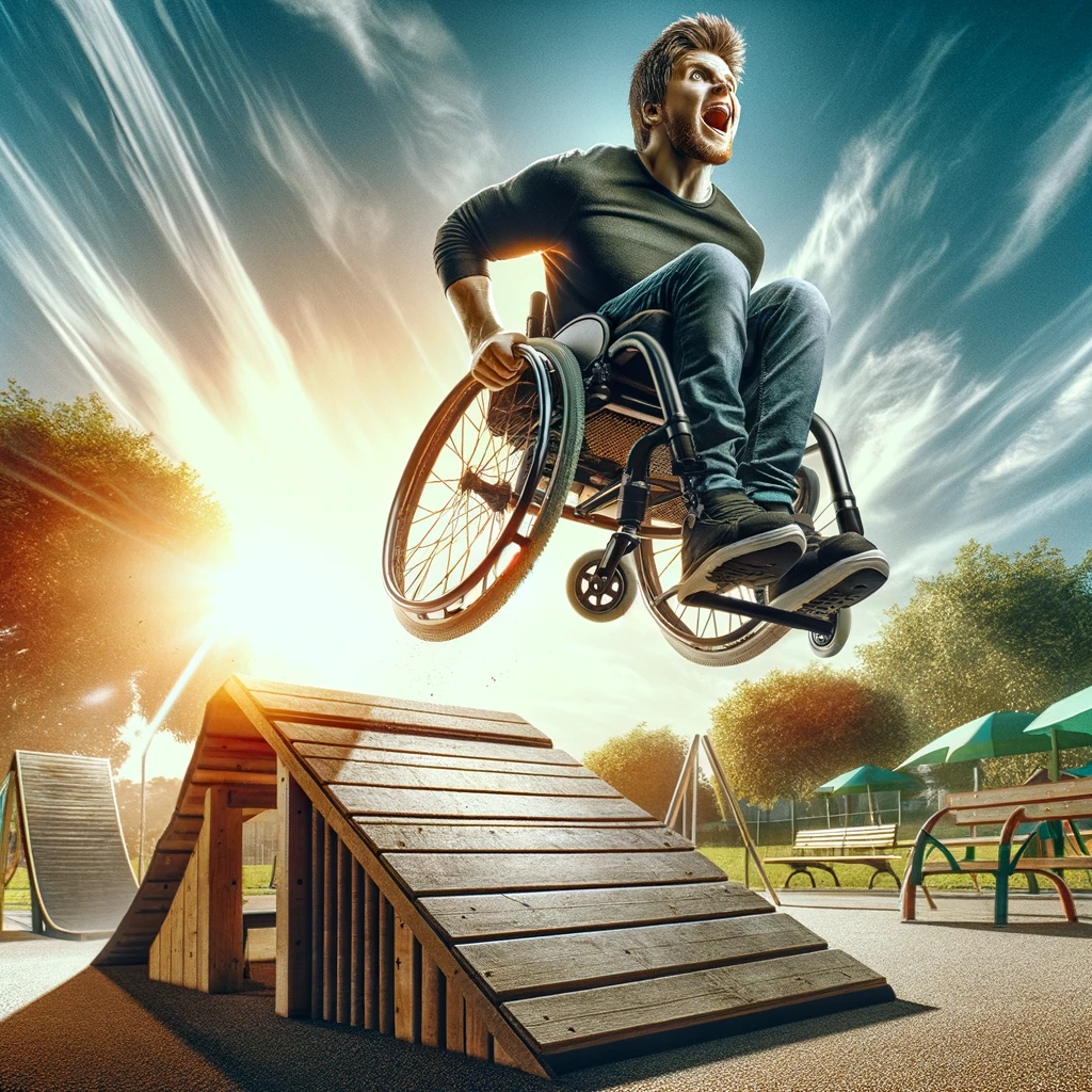 A dynamic image of a wheelchair user making a daring jump over an obstacle, with a look of fearless joy on their face. The background features a clear, sunny sky and a park setting, adding to the scene's uplifting vibe. The wheelchair is in mid-flight over a makeshift ramp, emphasizing the moment's excitement and challenge. The user's expression and body language portray confidence and the thrill of the moment. Captioned: "Defying limits, one jump at a time."