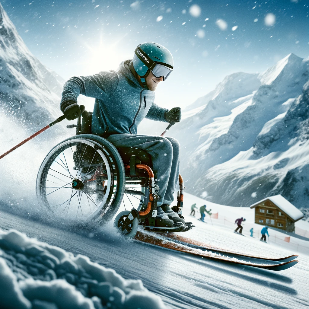 An action shot of a person in a wheelchair outfitted with ski attachments, gliding down a snowy slope. The scene captures the exhilaration of winter sports, with snowflakes flying around as the wheelchair speeds down the hill. The background features a stunning mountain landscape under a clear blue sky, enhancing the sense of adventure. The person in the wheelchair is dressed in winter sports gear, looking focused and determined. Captioned: "Winter wonderland? More like my playground."
