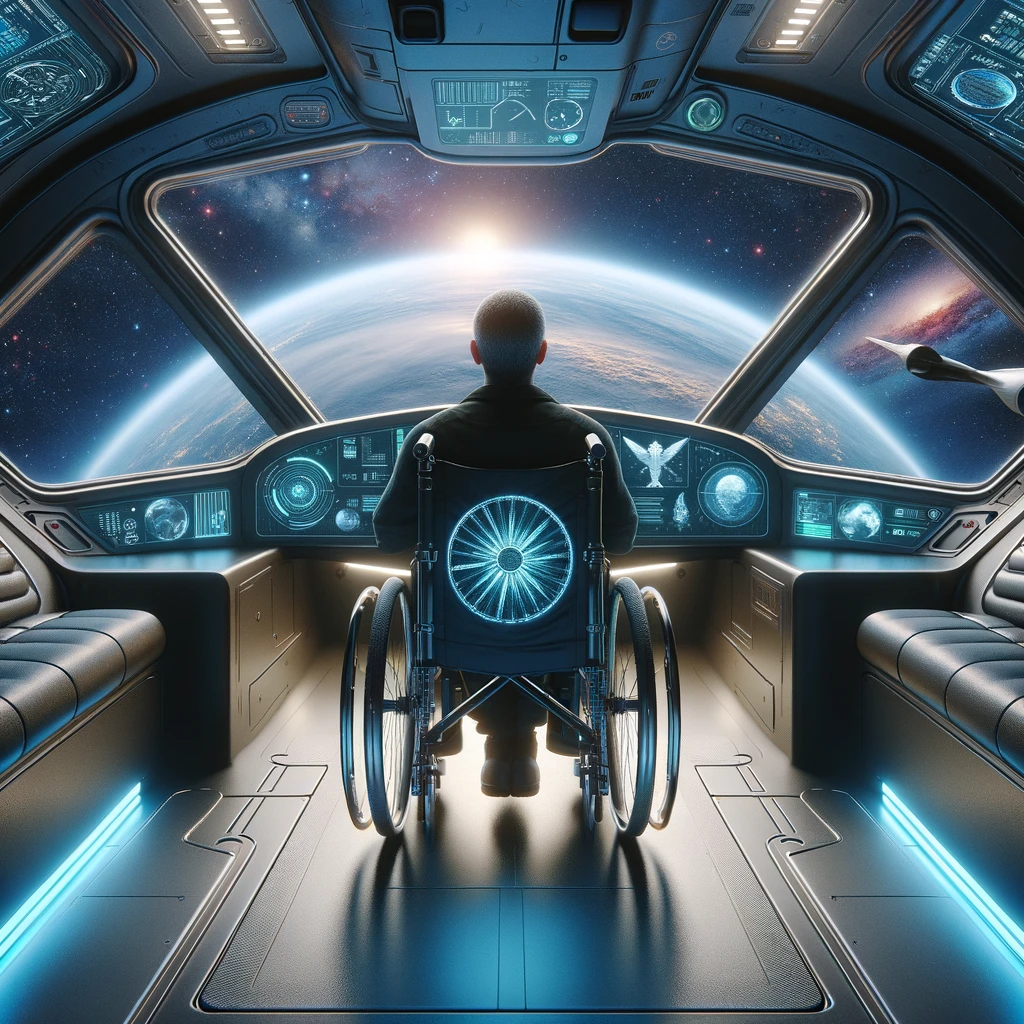 A futuristic scene showing a wheelchair user piloting a spaceship, with the cockpit specially designed for accessibility. The interior of the spaceship is sleek and modern, with holographic displays and controls that are easily reachable. The view outside the cockpit window shows a breathtaking expanse of space, with stars and distant planets in view. The wheelchair is seamlessly integrated into the ship's design, symbolizing inclusivity and innovation in the future of space travel. Captioned: "To infinity and beyond, with no barriers."