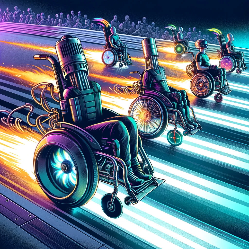An illustration of wheelchair users in a high-speed race, with their chairs equipped with turbo boosters. The scene is set on a futuristic race track, with vibrant lighting and sleek, aerodynamic designs. Each wheelchair is unique, featuring different styles of turbo boosters, emitting bursts of flames or energy as they speed along. The racers are focused and determined, each one pushing their limits. The atmosphere is electric, filled with the excitement and intensity of the competition. Captioned: "Fast and Furious: Wheelchair Drift."