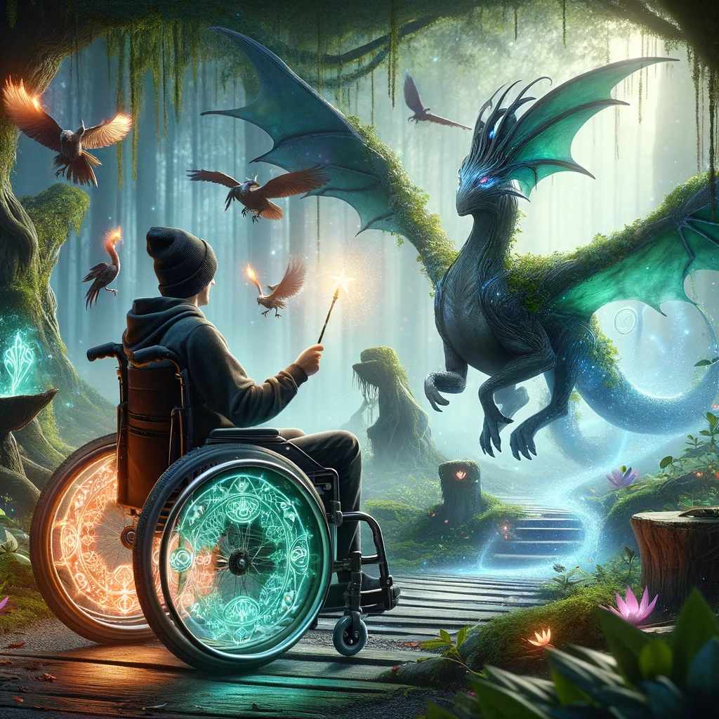 A fantasy-themed image of a wheelchair transforming into a magical creature or vehicle, with the user holding a wand. The scene is set in an enchanted forest, with mystical light and ethereal surroundings. The transformation process is captured in dynamic detail, showing the wheelchair evolving into something extraordinary. The magical creature or vehicle is imbued with elements of nature, like leaves, flowers, or glowing runes, highlighting its connection to the magical world. The user looks on in awe, embodying the wonder of transformation. Captioned: "Who needs magic carpets when you have a transforming chair?"