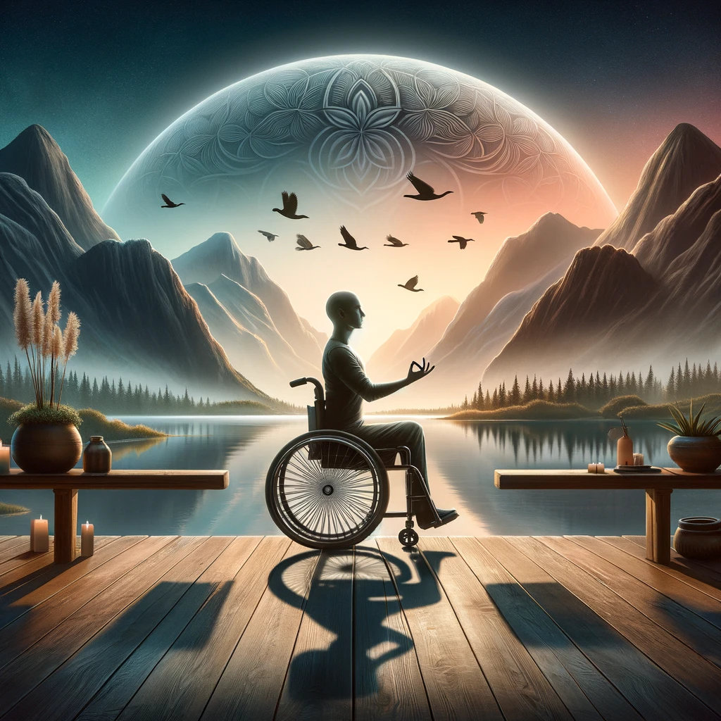 A serene image of a person in a wheelchair in a yoga pose, surrounded by a peaceful landscape. The scene conveys tranquility and balance, with the person positioned in front of a beautiful backdrop of mountains, water, and a clear sky. The wheelchair and the person are in harmony with the natural surroundings, symbolizing inner peace and the connection between body, mind, and nature. The composition is calm and inspiring, reflecting the essence of yoga's meditative practices. Captioned: "Balance and harmony, on and off the wheels."