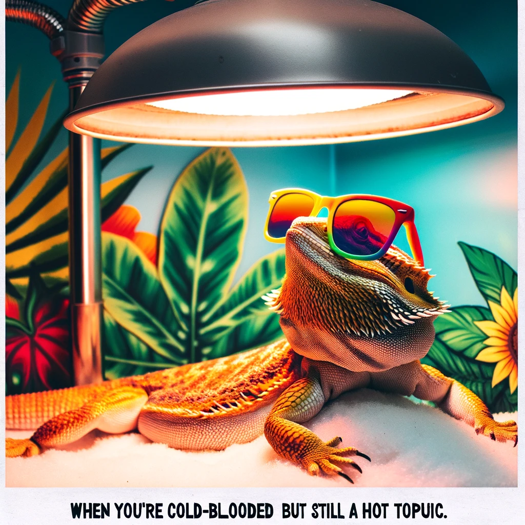 A bearded dragon sprawled out under a heat lamp with sunglasses on, looking like it's on a tropical vacation. The scene is colorful and lively, reflecting a holiday vibe. The bearded dragon appears relaxed and content, with its limbs stretched out comfortably. The sunglasses add a humorous and human-like touch. A caption at the bottom reads, "When you're cold-blooded but still a hot topic."