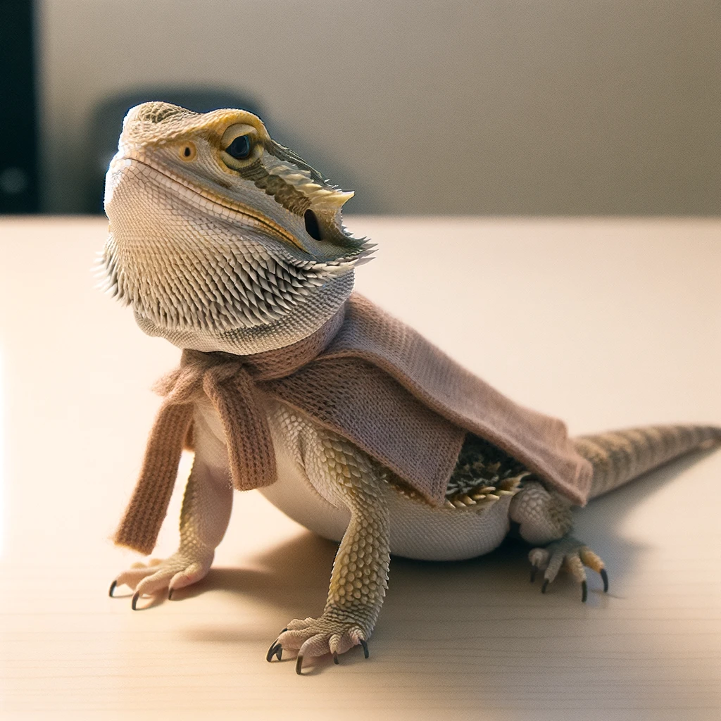A bearded dragon wearing a tiny, makeshift cape or costume, looking utterly unamused. The cape is simple and appears to be hand-made, adding a comical touch to the scene. The bearded dragon's expression is one of indifference or mild annoyance, adding humor to the image. The background is simple to keep the focus on the dragon and its costume. A caption reads, "When you realize your human's idea of fun is different than yours."