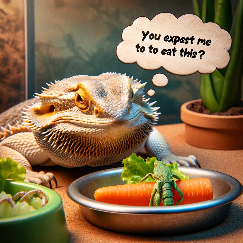 A bearded dragon staring down at a piece of vegetable with a look of skepticism or disbelief. The vegetable, such as a lettuce leaf or carrot, is placed prominently in front of it. Next to the dragon, there's an empty bowl that previously contained insects, suggesting its preference for bugs. The scene is set in a terrarium-like environment. A thought bubble above the dragon says, "You expect me to eat this?", adding a humorous twist to the image.