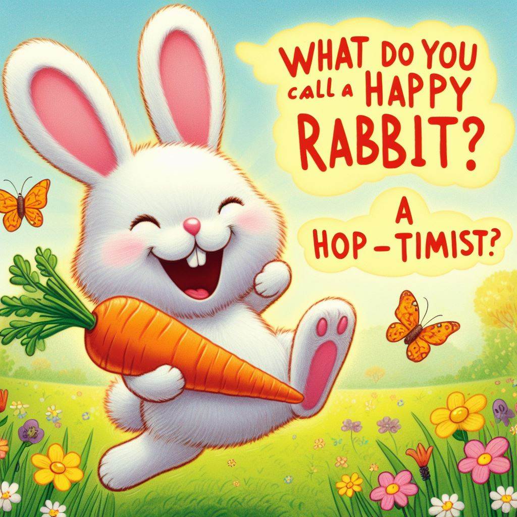 A happy rabbit with a big smile and a carrot in its mouth, jumping in the air. The background is a sunny meadow with flowers and butterflies. The caption reads: "What do you call a happy rabbit? A hop-timist."
