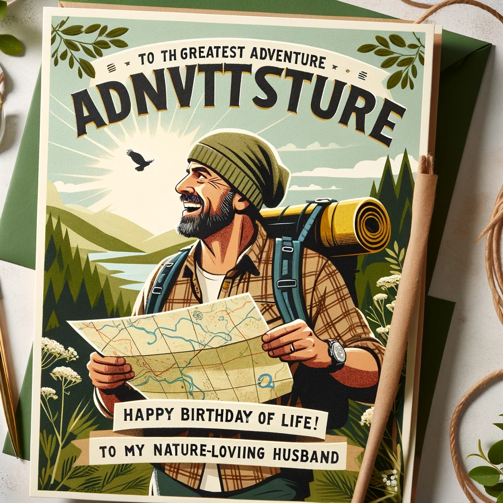 An image of a man in camping gear, either lost with a map or happily amidst nature. Caption: "To the greatest adventure of all - another year of life! Happy Birthday to my nature-loving husband."
