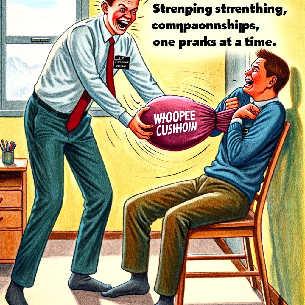 A meme showing one missionary putting a whoopee cushion on their companion's chair, with a mischievous grin. The scene is set in a modest living space, typical for missionaries, with simple furniture. The prankster missionary is trying to suppress laughter while setting the trap, and the unsuspecting companion is nearby, unaware of the prank. The caption says, "Strengthening companionships, one prank at a time." The style should be playful and humorous, capturing the light-hearted camaraderie between the missionaries.