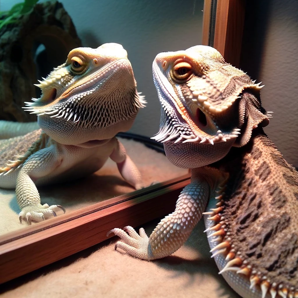 A bearded dragon looking at its reflection in a mirror, puffing up its beard to appear larger and more intimidating. The mirror reflects the dragon's exaggerated posture, emphasizing its attempt to look formidable. The dragon's expression is one of seriousness or determination. The scene is set inside a terrarium, enhancing the natural habitat feel. A caption at the bottom reads, "When someone walks into your room without knocking."