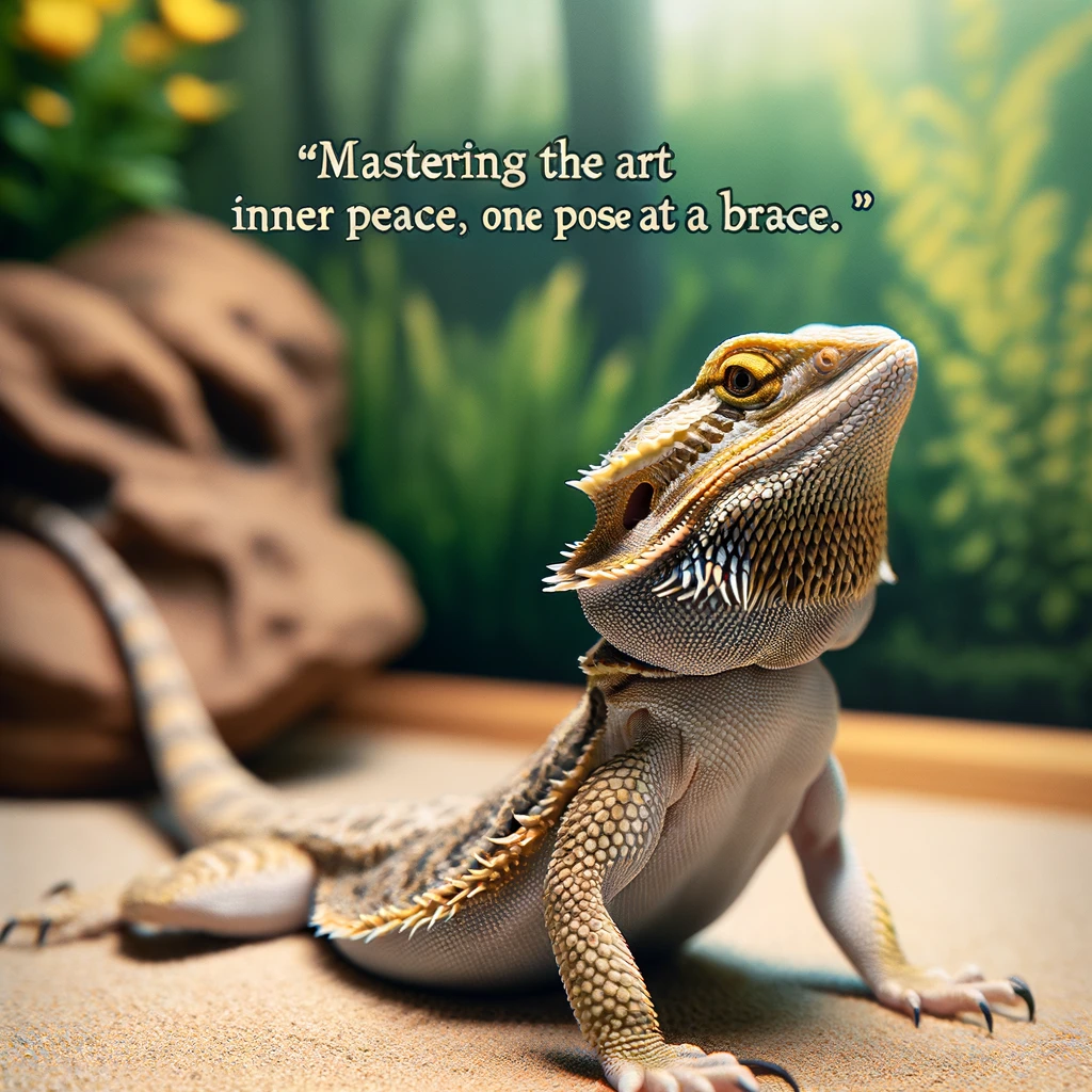 A bearded dragon in a yoga pose, resembling a position like the 'downward dog' or 'cobra'. The dragon appears focused and tranquil, adding a humorous twist to the concept of yoga and meditation. The scene is set in a peaceful and natural-looking terrarium environment. The caption, "Mastering the art of inner peace, one pose at a time," is placed at the bottom, adding a light-hearted and amusing element to the image.