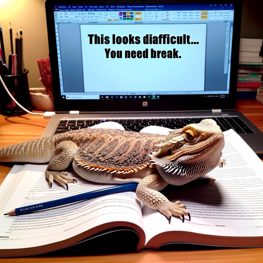 A bearded dragon sprawled across an open textbook or laptop, looking as if it's helping with homework. The dragon appears relaxed and a bit in the way, humorously obstructing the view of the textbook or laptop screen. The setting suggests a study environment, possibly a desk or table. The caption, "This looks difficult... you need a break," is amusingly placed at the bottom, adding to the whimsical nature of the scene.