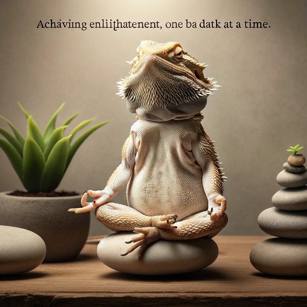 A bearded dragon sitting serenely in a classic meditation pose with a tiny faux plant for ambiance. The scene encapsulates a tranquil and humorous take on enlightenment, blending the natural curiosity and calm demeanor of a bearded dragon with the human practice of meditation. The bearded dragon is positioned on a simple, natural background that enhances the zen-like atmosphere, possibly including elements like smooth stones or a minimalistic setting that evokes a sense of peace and simplicity. Caption: "Achieving enlightenment, one bask at a time."