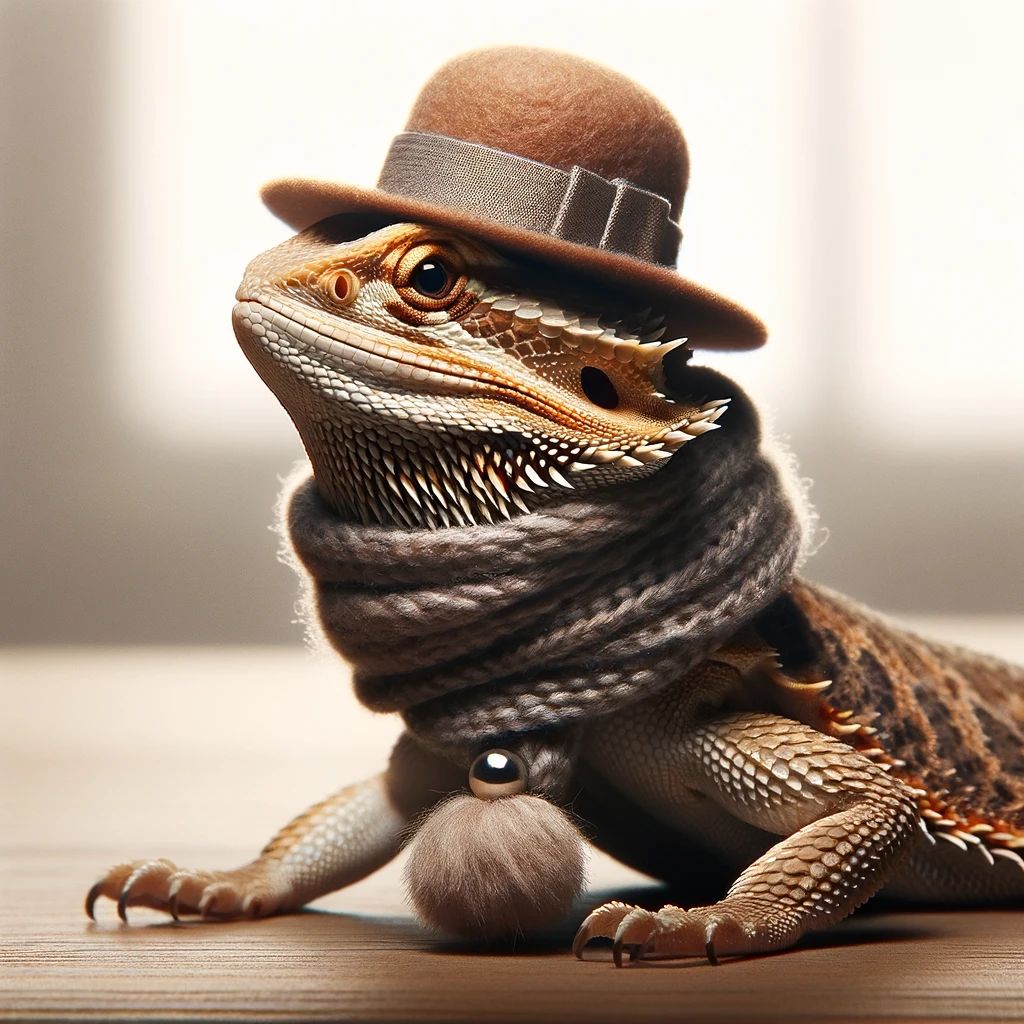 A bearded dragon draped in a tiny, chic scarf or adorned with a small, fashionable hat. This imaginative scene portrays the bearded dragon as a trendsetter in the reptile world, blending the humorous concept of animals engaging in human-like fashion behaviors with the natural elegance of the bearded dragon. The attire, though simple, is stylish and complements the bearded dragon's distinct features, adding a layer of charm and whimsy to the image. The background is minimalistic, focusing attention on the fashion-forward bearded dragon, embodying the idea that style knows no species. Caption: "Dress for the heat lamp you want, not the one you have."