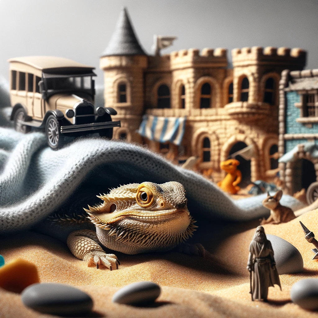 A bearded dragon peeking out from under a pile of blankets or exploring a small, human-sized setup, like a castle or car. This scene showcases the adventurous spirit of the bearded dragon, capturing its curiosity as it navigates through an environment filled with oversized (from its perspective) objects. The emphasis is on the contrast between the small creature and the large human-sized elements, highlighting the bearded dragon's exploratory nature. The environment should be whimsical and imaginative, reflecting a world of adventure and discovery through the eyes of a bearded dragon. Caption: "Adventure awaits, no matter the scale."