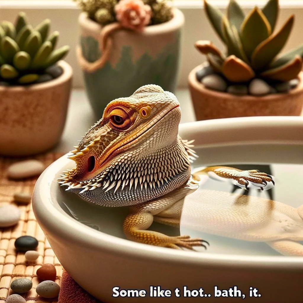 A bearded dragon floating in a shallow bath, looking utterly content and relaxed. The bath is warm and inviting, with steam gently rising from the surface. The bearded dragon has a serene expression, eyes half-closed in bliss. Around the bath, there are small, decorative plants and pebbles, creating a spa-like atmosphere. The caption at the bottom reads: "Some like it hot... bath, that is." This image combines the humor of pet relaxation with the quirky notion of reptiles enjoying human-like pampering activities.