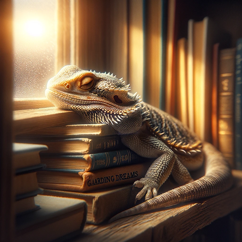 A bearded dragon caught snoozing in an unexpected place, like nestled in the crook of a bookshelf or basking on a sunny windowsill. This scene captures a serene moment of rest, with the dragon curled up amidst books or against the warm glass, embodying peace and tranquility. The lighting is soft and warm, highlighting the textures of the dragon's skin and the cozy surroundings. The caption reads: "Guarding dreams, one nap at a time." This image blends the whimsy of a fantasy creature with the relatable joy of finding the perfect spot for a midday nap.
