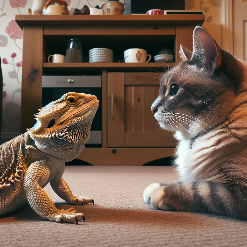 A bearded dragon and a household pet, such as a cat or dog, sitting opposite each other, engaged in a humorous and intense stare-down. This scene is set in a cozy living room, with both animals positioned on the floor, eye to eye, as if in a silent battle of wills. The bearded dragon's posture is confident and unyielding, mirroring the determination of its opponent. The room around them is filled with everyday objects, adding to the domestic setting. The caption humorously states: "When you meet someone as stubborn as you." The image captures the comedic tension of this unlikely rivalry, emphasizing the quirky and spirited nature of pets.