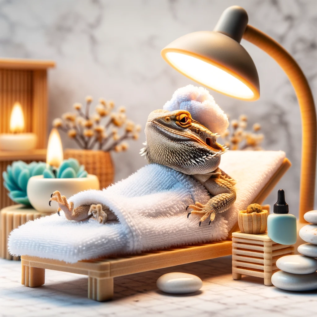 A bearded dragon enjoying a luxurious spa day, complete with a small towel wrapped around its head, lying on a miniature lounge chair under a soothing heat lamp. This scene is set against a backdrop of a spa-like setting, with soft lighting and calming colors. The bearded dragon appears relaxed and pampered, embodying the epitome of self-care and relaxation. Next to the lounge chair, there might be tiny spa-related accessories, like a small cup of water or miniature spa stones, enhancing the whimsicality of the scene. The caption amusingly reads: "Living the spa life, because self-care isn't just for humans." This image playfully anthropomorphizes the bearded dragon, highlighting the humorous idea of animals indulging in human-like luxury activities.