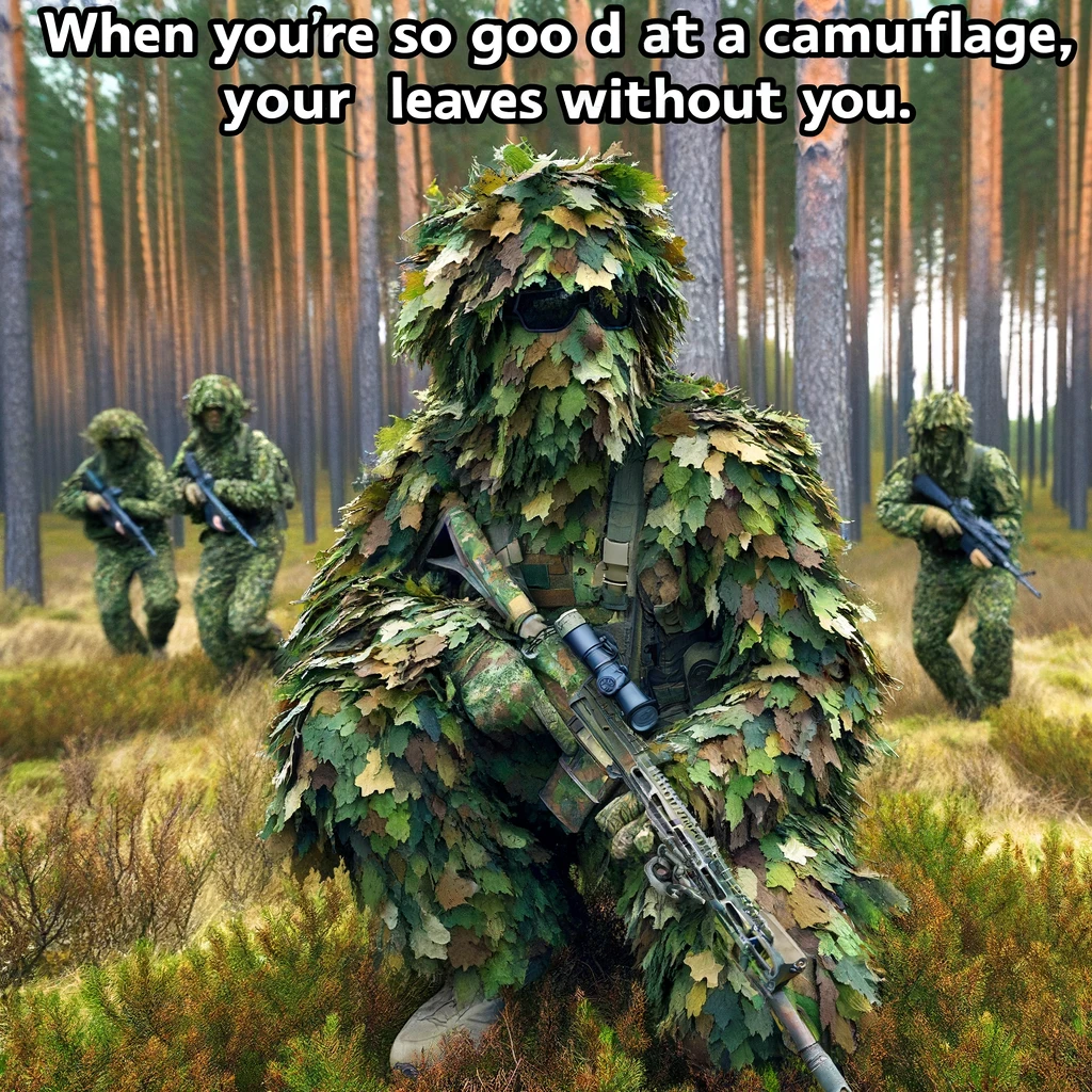 A soldier in full camouflage gear, seamlessly blending into a dense forest environment. The soldier is barely distinguishable from the surroundings, demonstrating excellent camouflage. The image should have a humorous touch, with a caption that reads, “When you’re so good at camouflage, your squad leaves without you.” The background should show a forest setting with trees and bushes, and perhaps a hint of the soldier's squad moving away in the distance, emphasizing the soldier's perfect blending and the humorous situation.