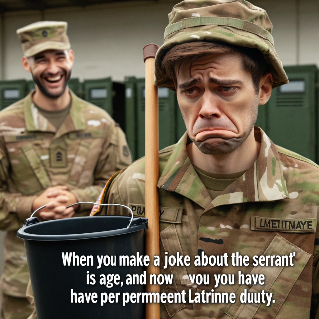 A dejected-looking soldier in military uniform holding a mop and bucket, with a look of resignation on his face. In the background, another soldier is smirking at him. The setting is a military barracks or facility. The image should convey a sense of humor and mild frustration. The caption says, “When you make a joke about the sergeant's age, and now you have permanent latrine duty.” The overall atmosphere should be light-hearted, emphasizing the comical situation of the soldier assigned to latrine duty as a result of a joke gone wrong.