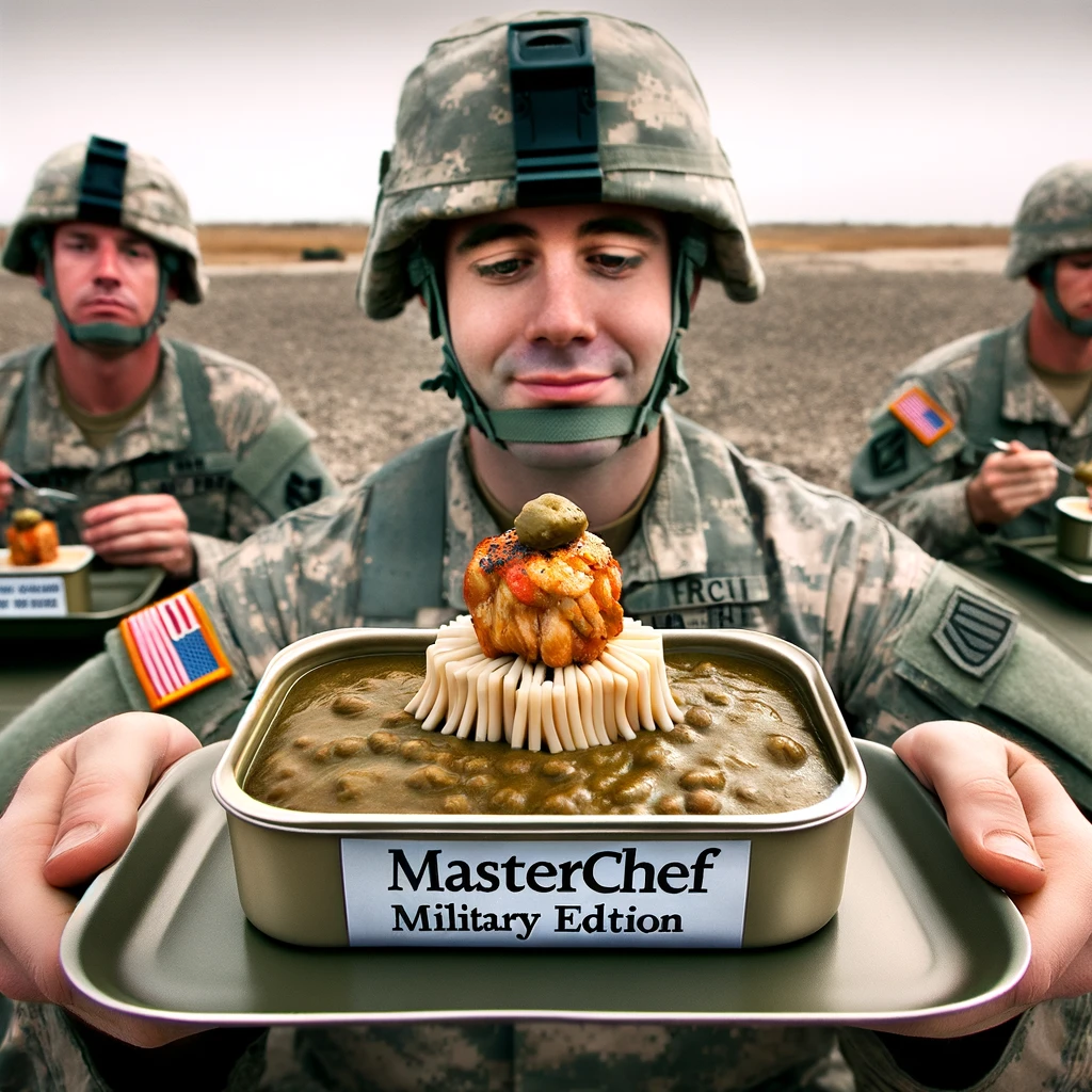 A soldier looking proudly at a creatively arranged Meal, Ready-to-Eat (MRE), giving the impression of a gourmet meal. The MRE should be displayed in a way that mimics a high-end dish, perhaps on a makeshift plate with some artistic arrangement. The soldier's expression should be one of pride and satisfaction. The setting can be a simple military encampment or field. Include a caption that reads, “MasterChef: Military Edition.” The image should be humorous, highlighting the contrast between the simplicity of an MRE and the concept of gourmet cooking.