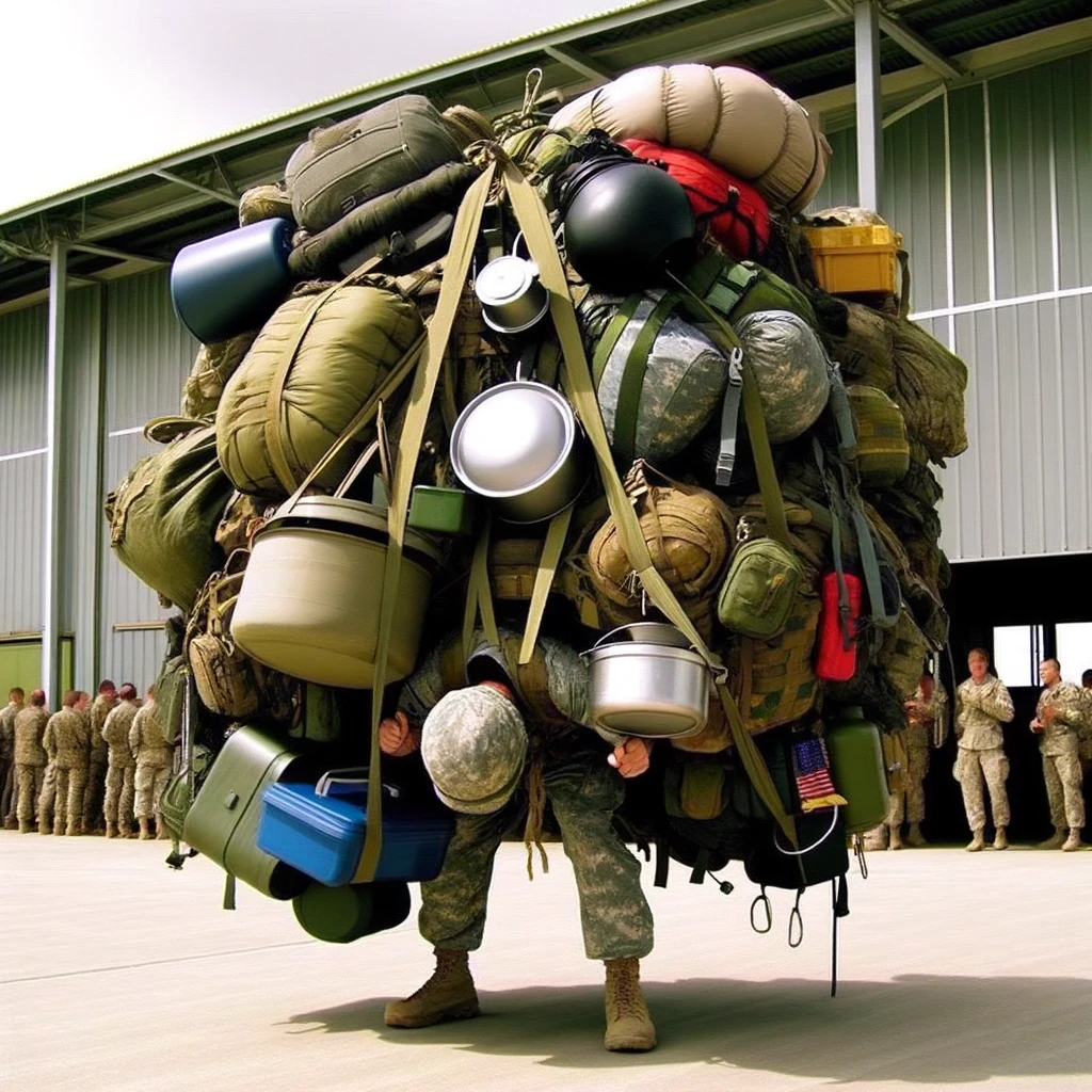 An image of a soldier struggling under an enormous rucksack, with various items hanging off it in a comical manner, such as cooking pots, sleeping bags, and other exaggeratedly large equipment. The soldier should appear overwhelmed but determined, trying to balance the oversized pack. The background can be a military base or a field environment. The caption should read, “Packing for a two-day mission like you're going on a round-the-world trip.” This image should be humorous, emphasizing the absurdity of overpacking for a short military mission.