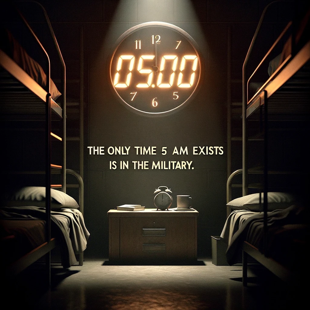 An image depicting a dark room illuminated only by the glowing numbers of an alarm clock showing 0500. The clock should be the focal point, with its light casting a soft glow in the otherwise dark room. The room could be a simple military barracks with minimal furnishings. The caption should read, “The only time 5 AM exists is in the military.” This image should convey the early wake-up calls in the military, with a humorous undertone about the uniqueness of such early hours in military life compared to civilian life.