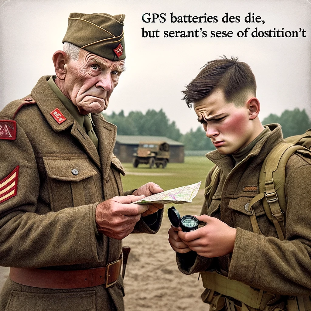 An older, unfazed sergeant looking confidently at a younger soldier who is struggling with a traditional map and compass. The sergeant should have an expression of calm expertise, while the younger soldier appears confused and frustrated. The background can be an outdoor military training area, suggesting a field exercise. Include a caption that reads, “GPS batteries die, but Sergeant’s sense of direction doesn’t.” The image should be humorous, emphasizing the contrast between reliance on technology and old-school navigation skills.