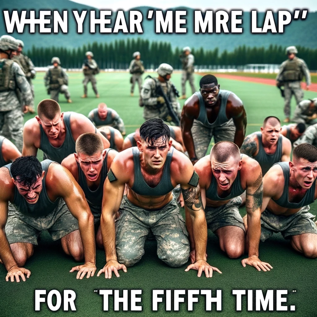 A group of soldiers looking exhausted and sweaty during a physical training session. They should be in various stages of fatigue, some bending over, others hands on knees, conveying the feeling of being pushed to their limits. The setting is an outdoor training field, with other soldiers or training equipment in the background. The caption should read, “When you hear 'one more lap' for the fifth time.” The image should capture the intensity of military training, with a humorous spin on the never-ending nature of physical training sessions.
