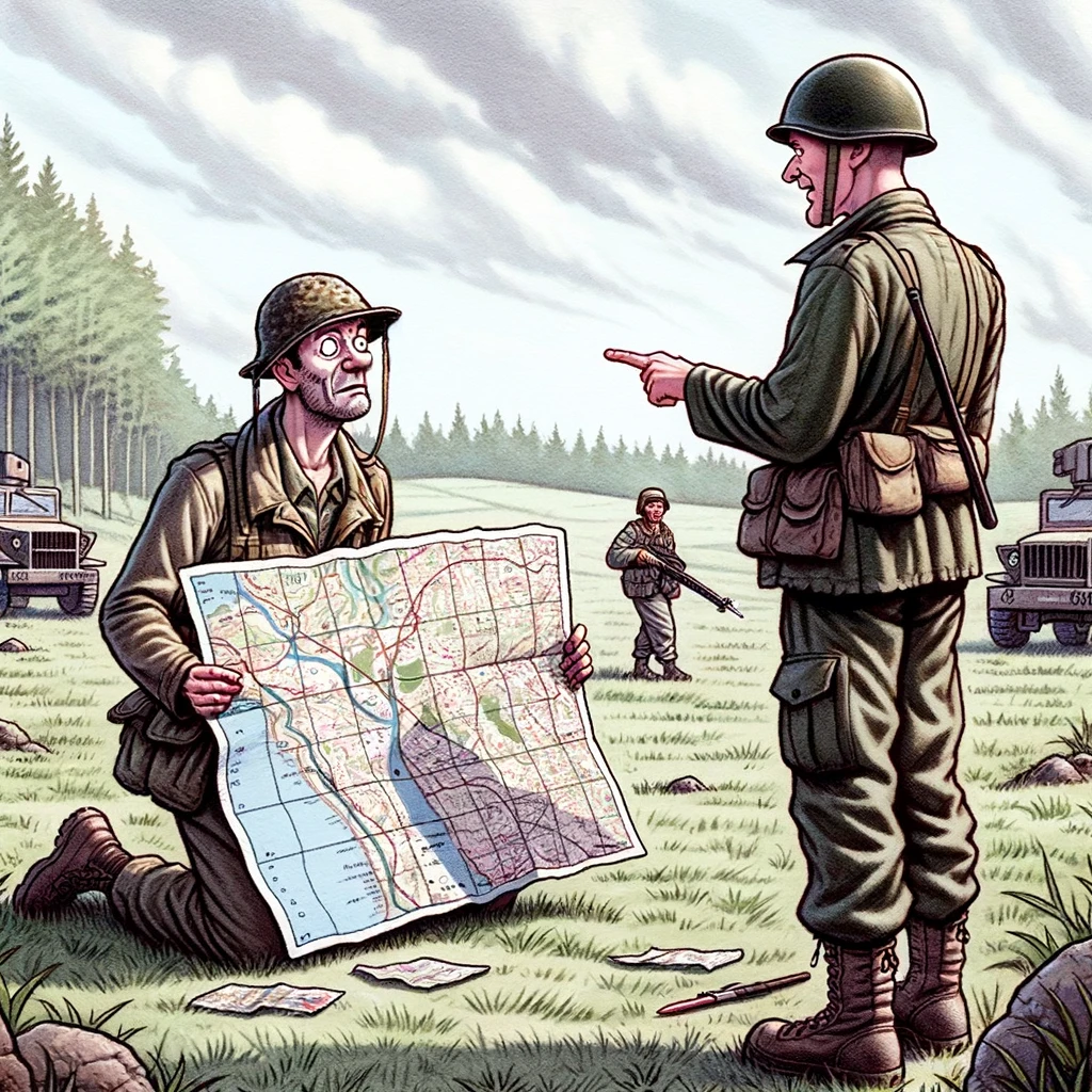 Map Reading Mayhem: A comical image of one soldier looking utterly confused while staring at a map, and another soldier standing next to them pointing in a completely random direction. The map is noticeably upside down. In the background, a landscape with trees and a few military vehicles. Caption at the bottom: "When the map is upside down, but you're 'definitely' not lost." The scene should be humorous and exaggerated to emphasize the confusion and misdirection.