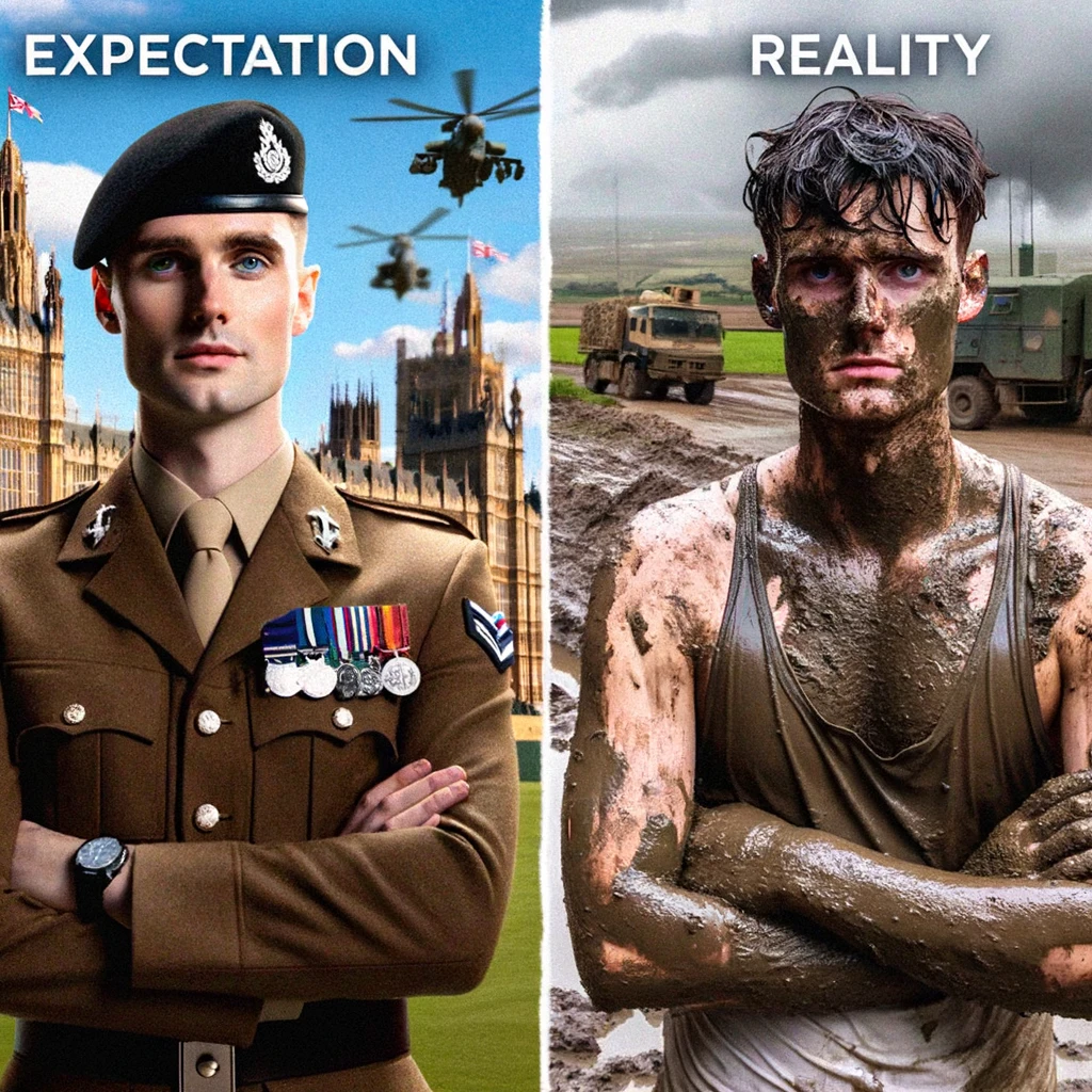 The 'Glamorous' Life of a Soldier: A split image showing the contrasting expectations and reality of a soldier's life. On the left, a soldier looking cool and composed in a pristine uniform, standing confidently with a background of an impressive military base. On the right, the same soldier covered in mud and sweat, looking tired and disheveled in a field setting. The left side represents the glamorous expectation, while the right side shows the gritty reality. Caption in the middle dividing the two images reads: “Expectation vs. Reality.” The image should capture the stark contrast between the two scenarios in a humorous way.
