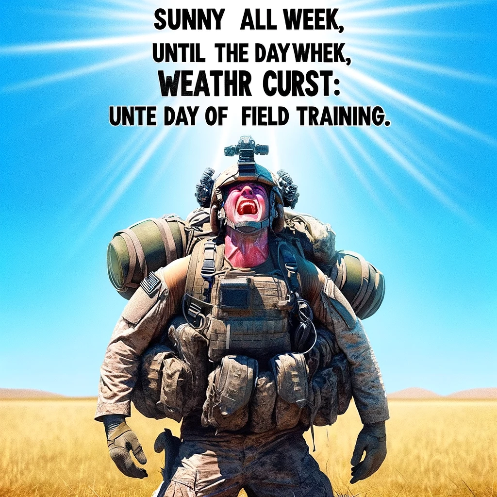 The Field Training Weather Curse: A humorous image of a soldier in full gear, standing under a bright sun. The setting is an open field with a clear blue sky, and the soldier is sweating and looking exhausted from the heat. The gear is heavy and the soldier is carrying a backpack, emphasizing the discomfort. Caption at the bottom reads: “Sunny all week, until the day of field training.” The image should portray the irony and frustration of having perfect weather all week except for the training day, in a light-hearted and exaggerated manner.