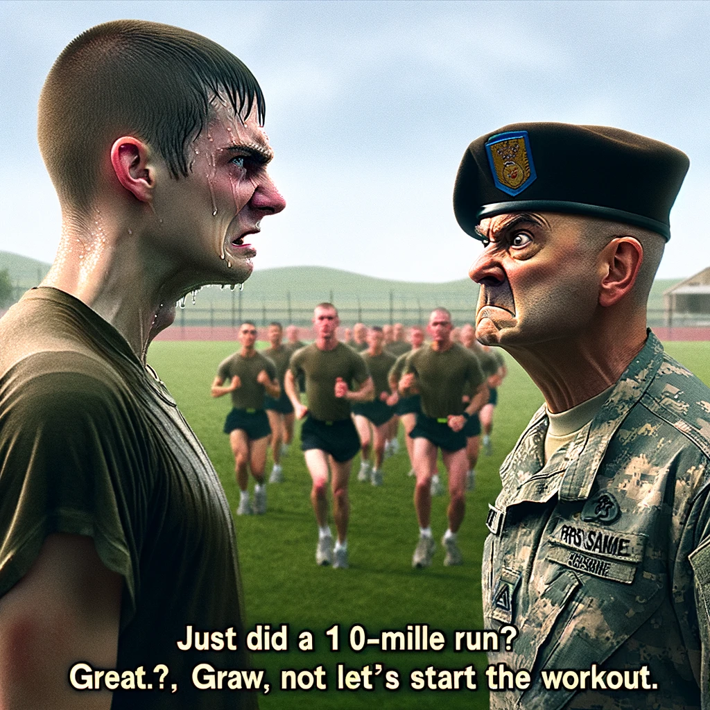 The Insatiable Sergeant: A humorous image depicting a stern-looking sergeant staring at a clearly exhausted soldier. The setting is a military training field, with other soldiers in the background performing various exercises. The exhausted soldier is panting and sweating, having just completed a strenuous activity. The sergeant's expression is demanding and unimpressed, as if expecting even more effort. Caption at the bottom reads: “Just did a 10-mile run? Great, now let's start the workout.” The scene should capture the humor in the relentless and demanding nature of military training.