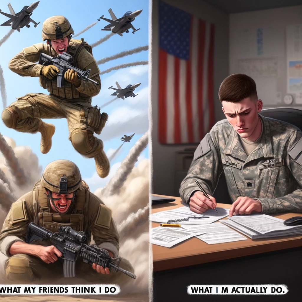 The Inevitable Comparison: A side-by-side image contrasting a soldier's action-packed training with a mundane task. On the left, a soldier is depicted in a dynamic training exercise, possibly in a combat simulation, looking focused and heroic. On the right, the same soldier is shown performing a mundane task like paperwork, looking bored and unenthused. The left side represents what friends might think a soldier does, while the right side shows the less glamorous reality. Caption at the bottom reads: “What my friends think I do vs. what I actually do.” The image should humorously capture the disparity between perception and reality in military life.