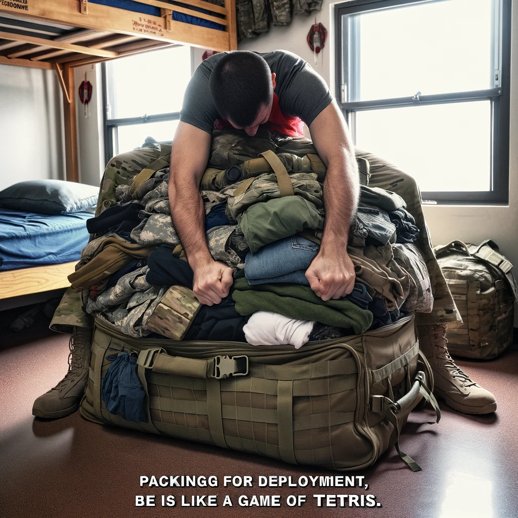 Image of a soldier trying to close an overstuffed duffle bag, sitting on it to get it to zip, in a military barracks setting. The duffle bag is bulging with clothes and equipment, with some items spilling out. The soldier is showing a mix of frustration and determination. The room is typical of a military barracks with other soldiers' belongings visible. Include a caption at the bottom in bold, readable font: “Packing for deployment be like a game of Tetris.”