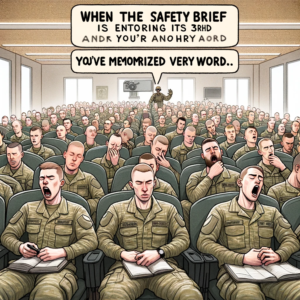 Image of a group of soldiers looking increasingly bored and restless during a long safety brief in a military setting. They are seated in rows, some yawning, others checking their watches, and a few dozing off. The presenter is visible at the front, seemingly oblivious to the disinterest. The room is a typical military briefing room with a projector and screen. Include a caption at the bottom in bold, readable font: "When the safety brief is entering its 3rd hour and you've memorized every word."