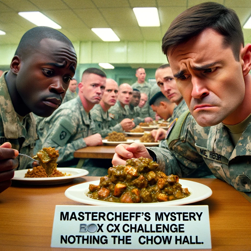 Image of a soldier skeptically eyeing a plate of unidentifiable food in the mess hall. The soldier looks unsure and slightly amused by the mystery meal. The mess hall is bustling with other soldiers eating or waiting in line. The food on the plate looks ambiguous and unappetizing. Include a caption at the bottom in bold, readable font: “MasterChef’s Mystery Box Challenge has nothing on the chow hall.”