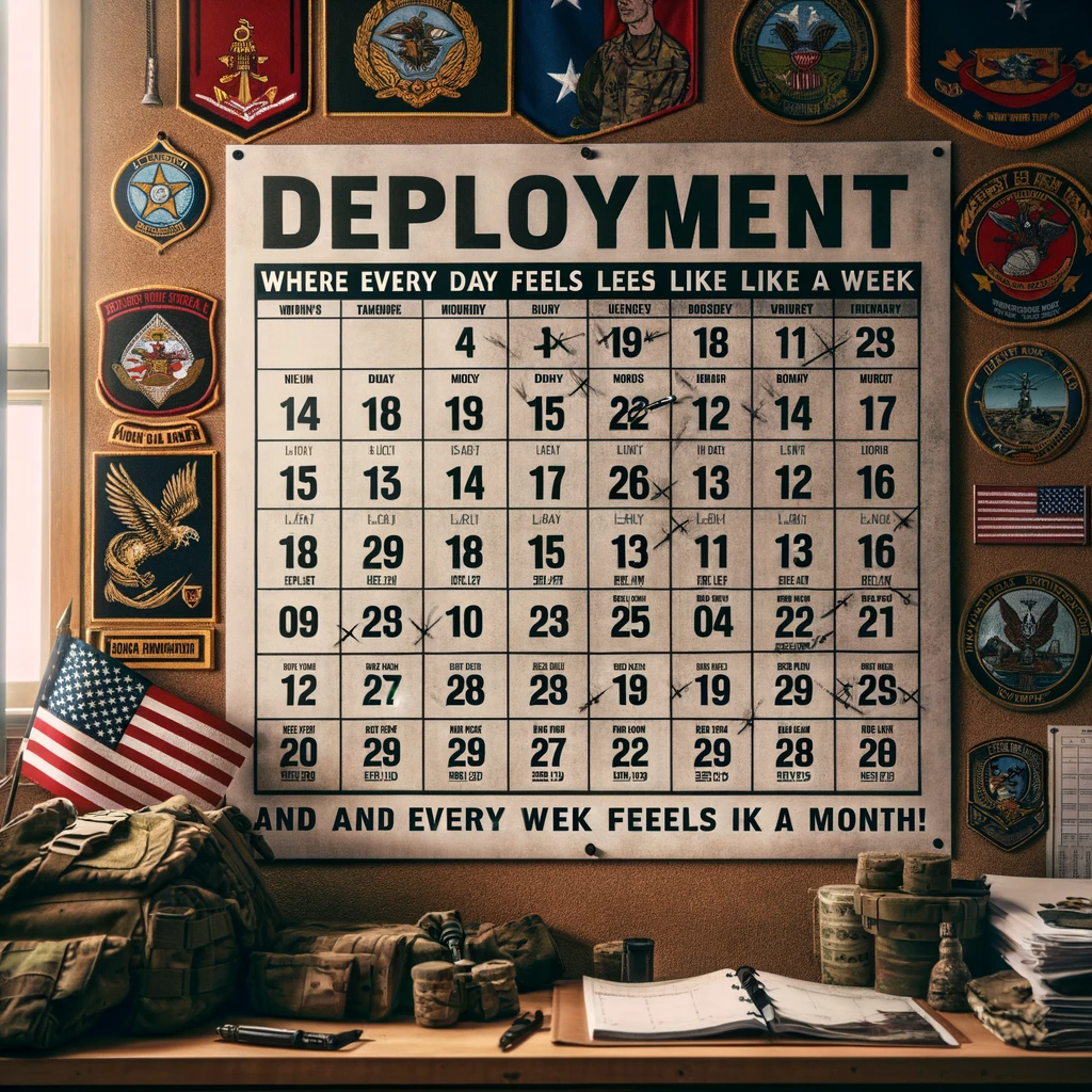 Image of a calendar with days being crossed off, showing a large number of days still remaining, in a military barracks setting. The calendar is on a wall, surrounded by military paraphernalia like photos, patches, and flags. It reflects the slow passage of time during deployment. Include a caption at the bottom in bold, readable font: "Deployment: Where every day feels like a week and every week feels like a month."