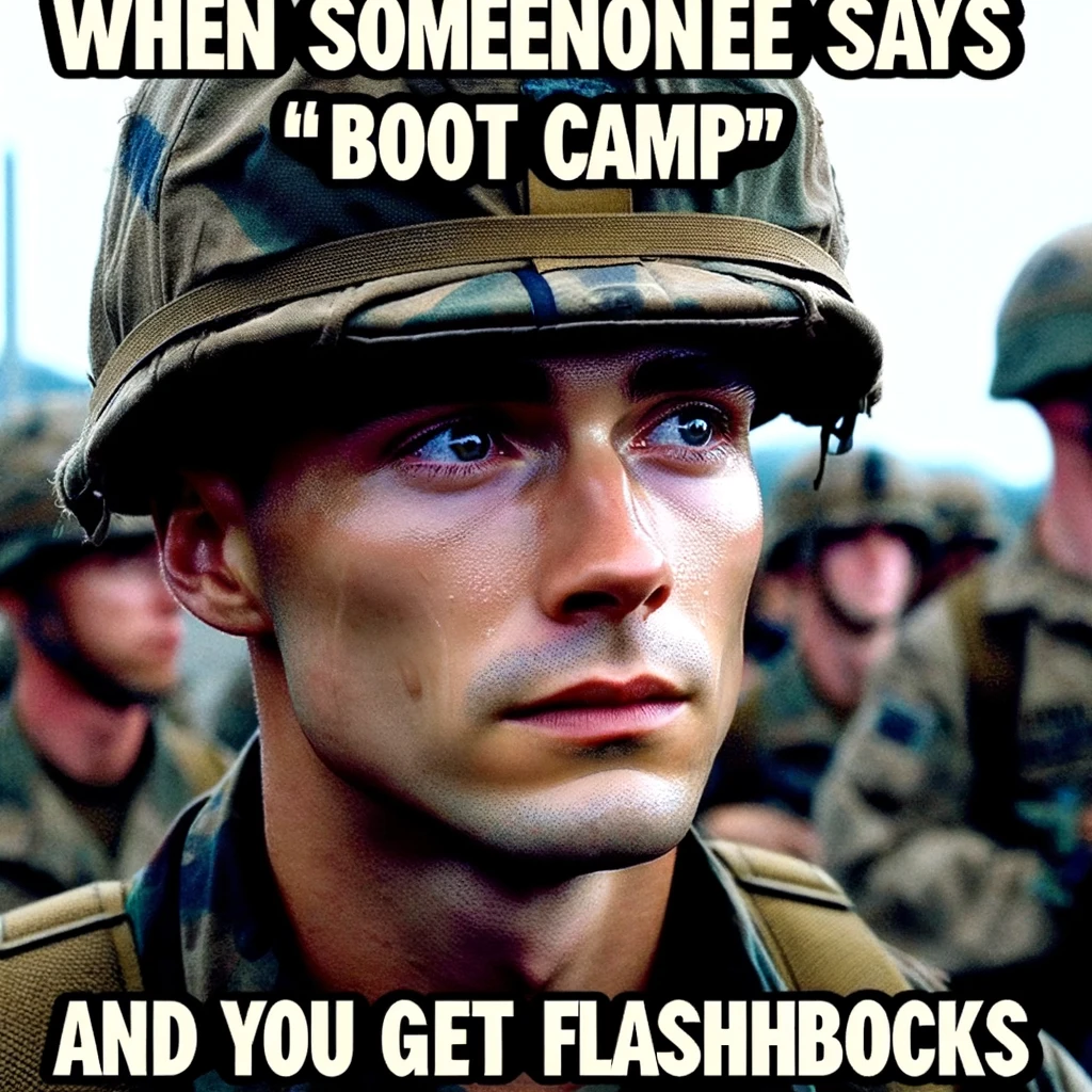 Image of a soldier staring into the distance with a slightly traumatized look, reminiscent of boot camp flashbacks, in a military setting. The soldier's expression is distant and reflective, possibly remembering challenging moments. The background is a military base or barracks, with other soldiers engaging in various activities. Include a caption at the bottom in bold, readable font: “When someone says ‘boot camp’ and you get flashbacks.”