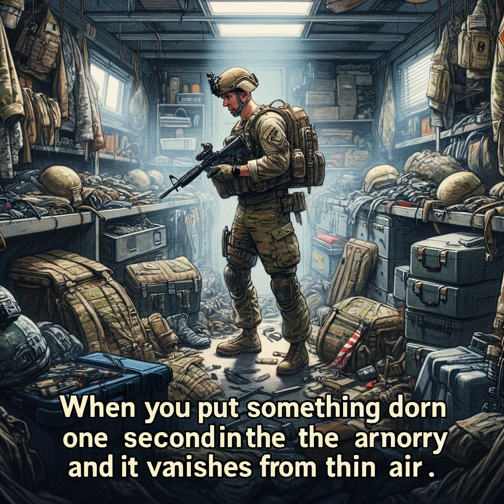Image of a soldier looking for something in an equipment room that's in total disarray, in a military setting. The room is cluttered with various military gear, creating a chaotic scene. The soldier appears puzzled and frustrated, searching through the mess. The disorganized state of the room highlights the mystery of the disappearing equipment. Include a caption at the bottom in bold, readable font: “When you put something down for ONE second in the armory and it vanishes into thin air.”