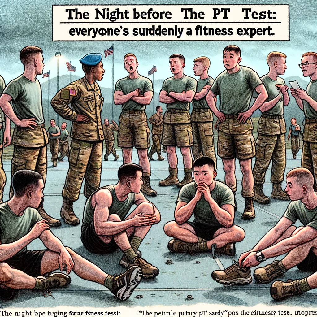 Image of a group of soldiers nervously waiting their turn for the fitness test in a military setting. The soldiers look anxious and are discussing among themselves, some stretching or jogging in place. The setting is an outdoor military training area with fitness equipment visible. Include a caption at the bottom in bold, readable font: “The night before the PT test: Everyone’s suddenly a fitness expert.”