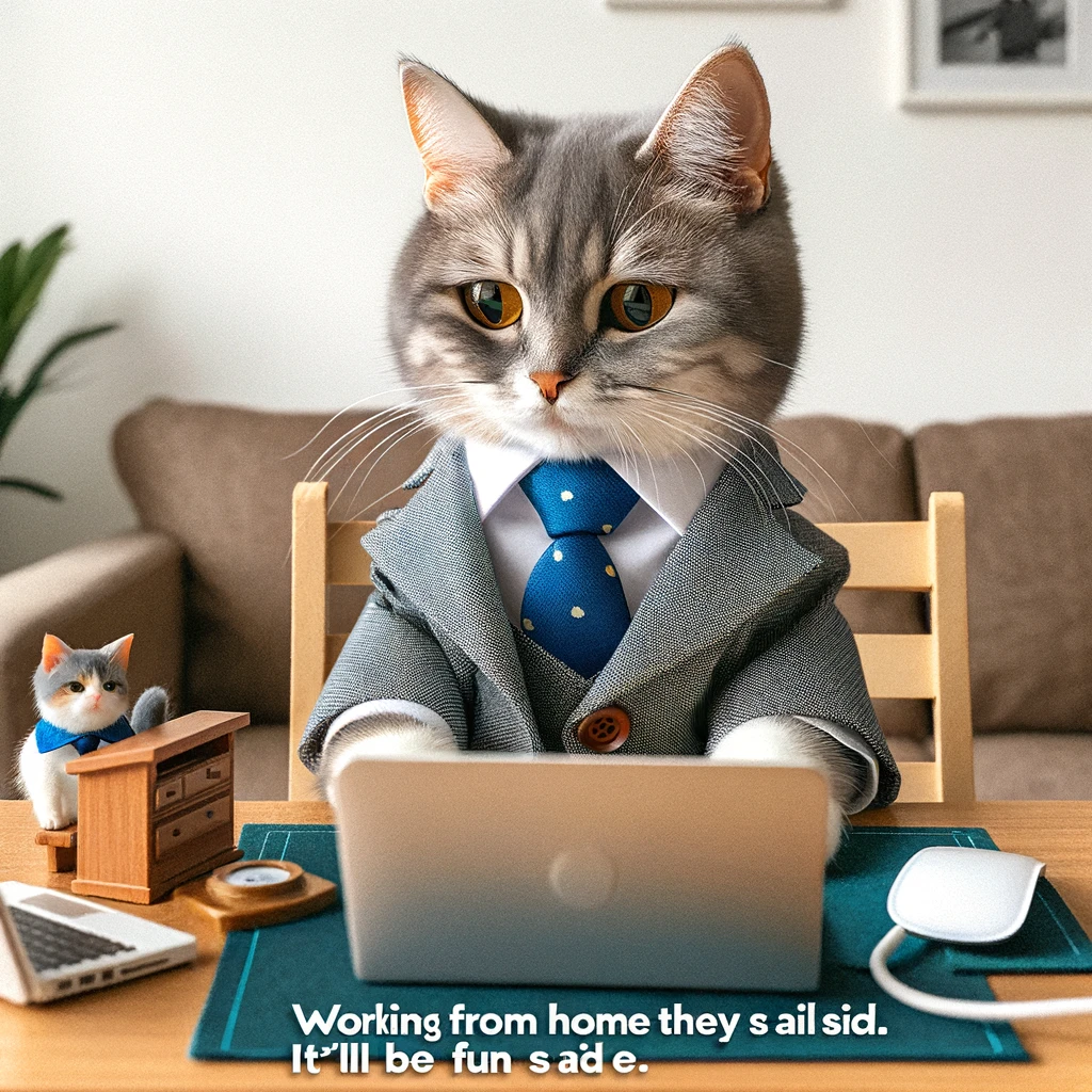 A cat dressed in a tiny suit and tie, sitting at a miniature desk with a laptop, looking seriously at the screen. The scene suggests a home office. The cat has a focused, professional expression. A caption reads: "Working from home they said. It'll be fun they said."