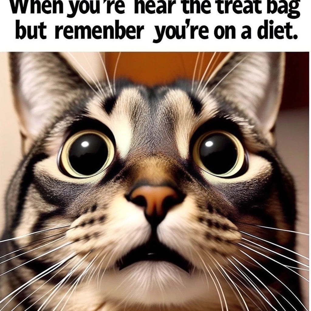 A close-up of a cat with a shocked or surprised expression, eyes wide open. The cat looks astonished. The caption says: "When you hear the treat bag but remember you're on a diet." The image captures a moment of dramatic realization.